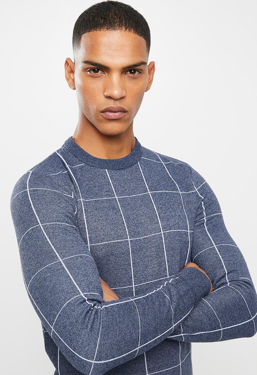 Brave Soul - Nicholls jaquard check crew knitwear - navy & grey
