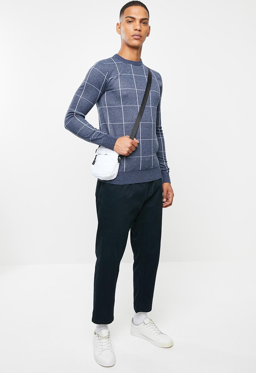 Brave Soul - Nicholls jaquard check crew knitwear - navy & grey