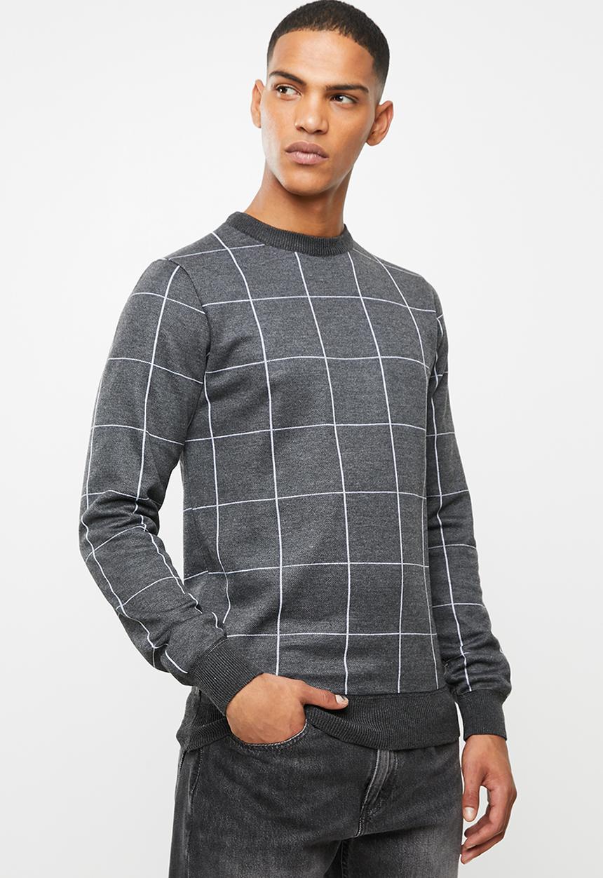 Brave Soul - Nicholls jaquard check crew knitwear - charcoal & grey