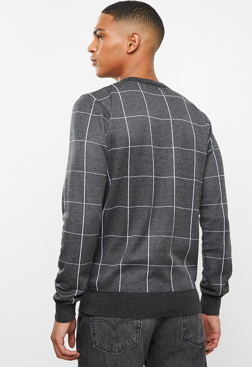 Brave Soul - Nicholls jaquard check crew knitwear - charcoal & grey