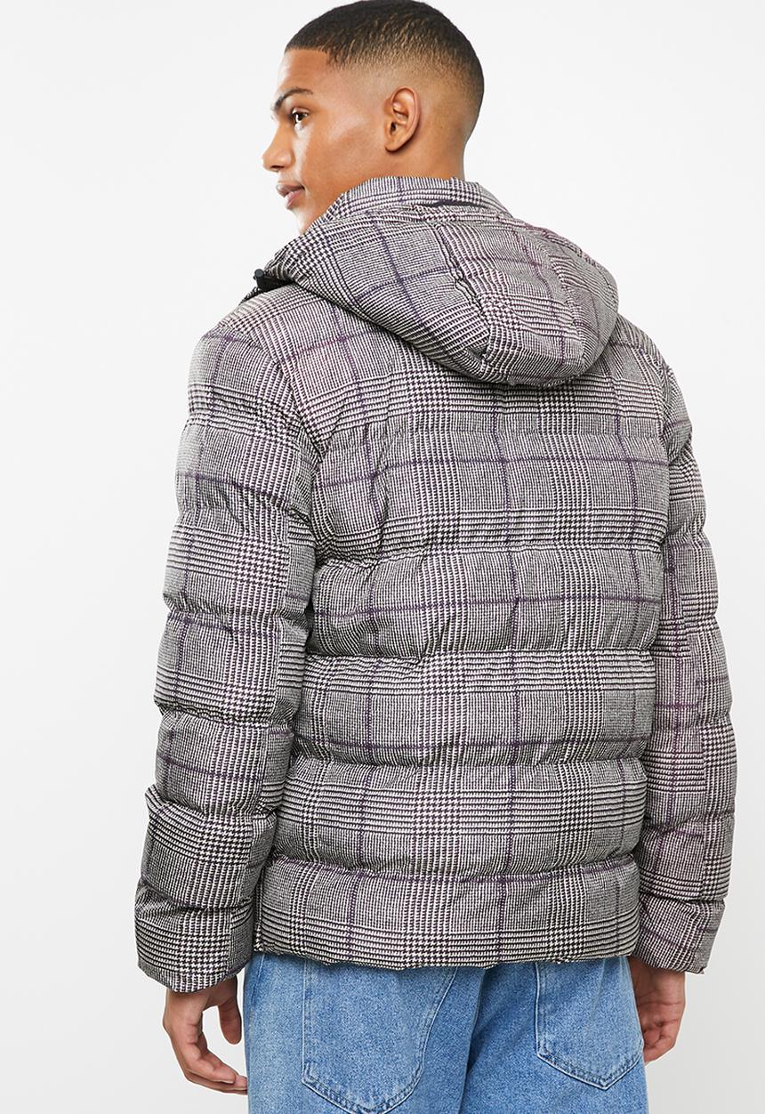Brave Soul - Stone19 check puffer - black and stone 
