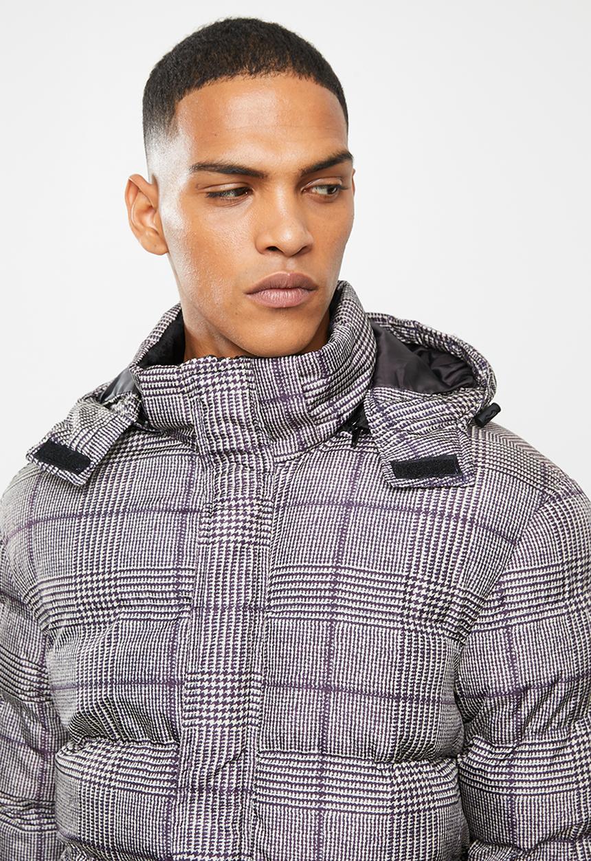Brave Soul - Stone19 check puffer - black and stone 