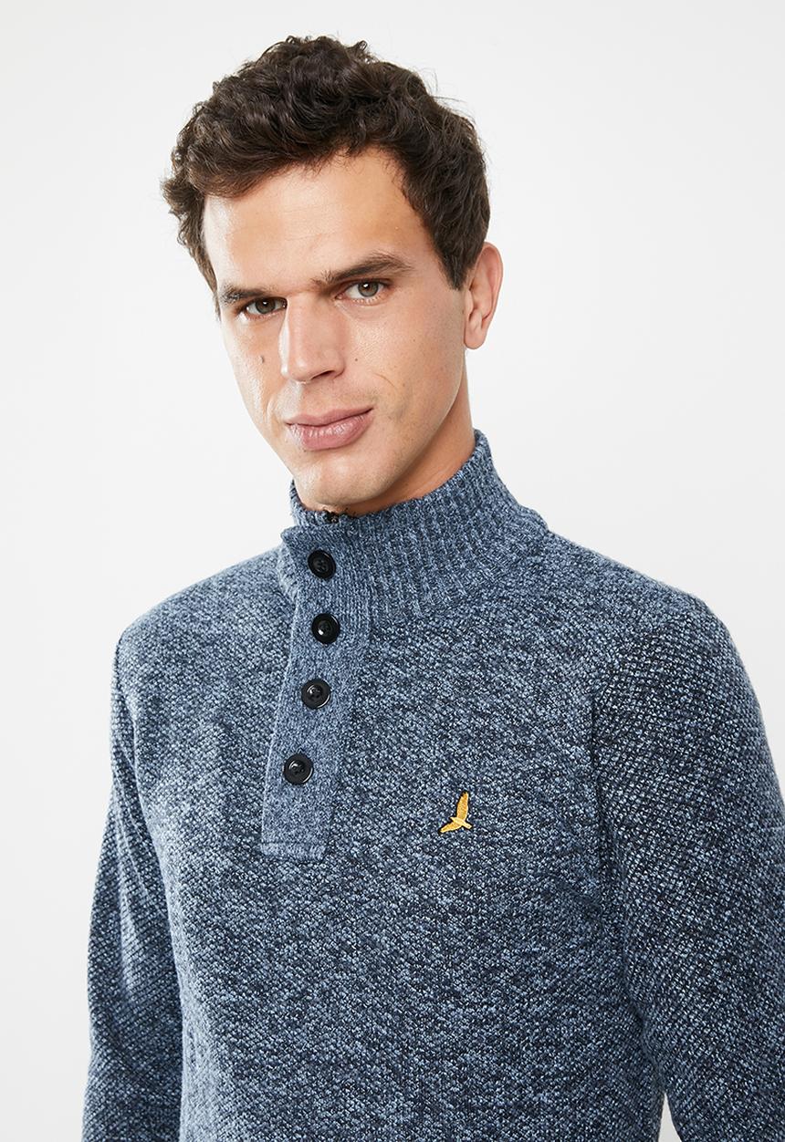 Brave Soul - Whitaker button-up poloneck knitwear - navy