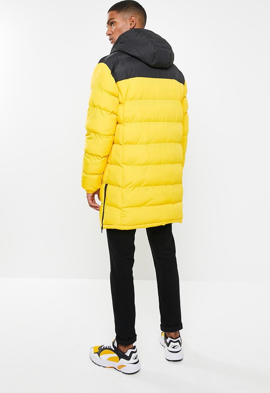 Brave Soul - Albie padded longline jacket - black & yellow