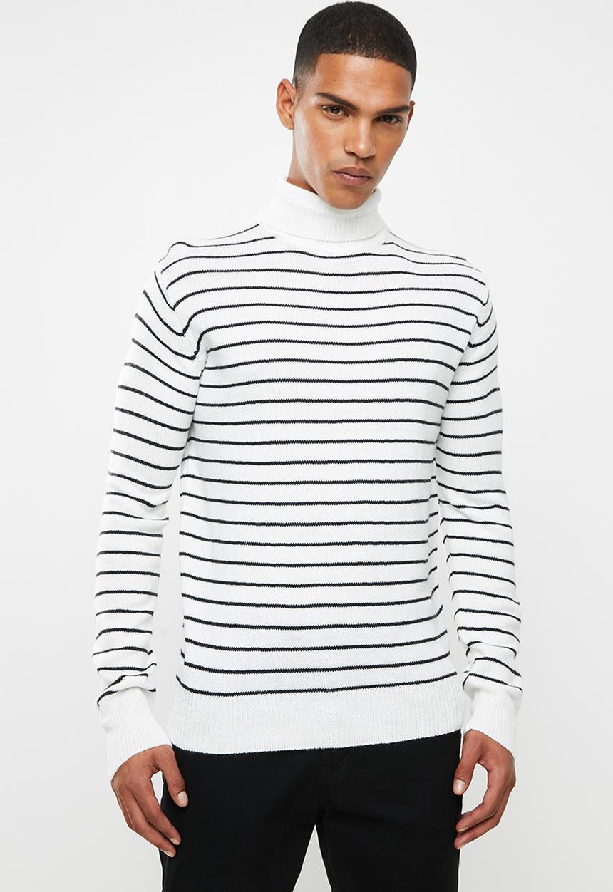 Brave Soul - Striped archfield knitwear high polo neck - white & black