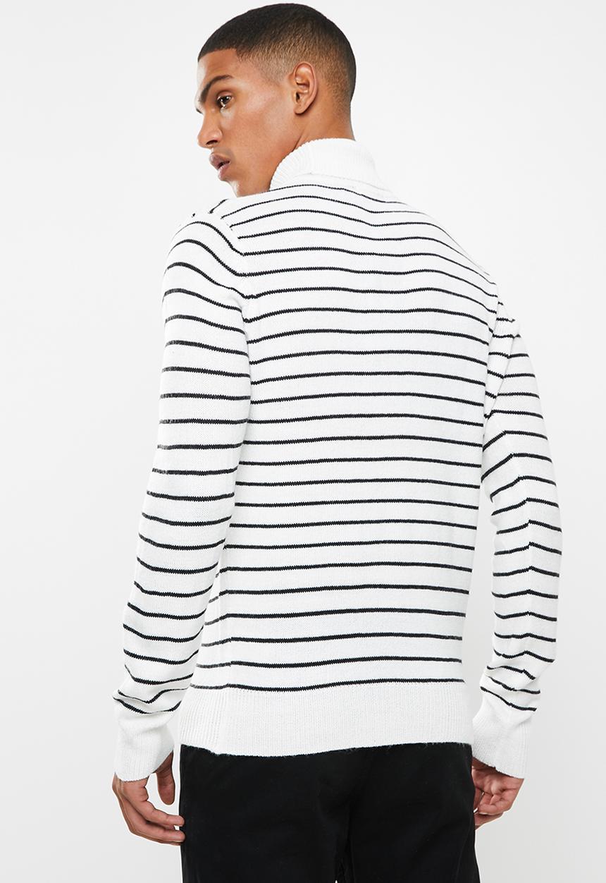 Brave Soul - Striped archfield knitwear high polo neck - white & black