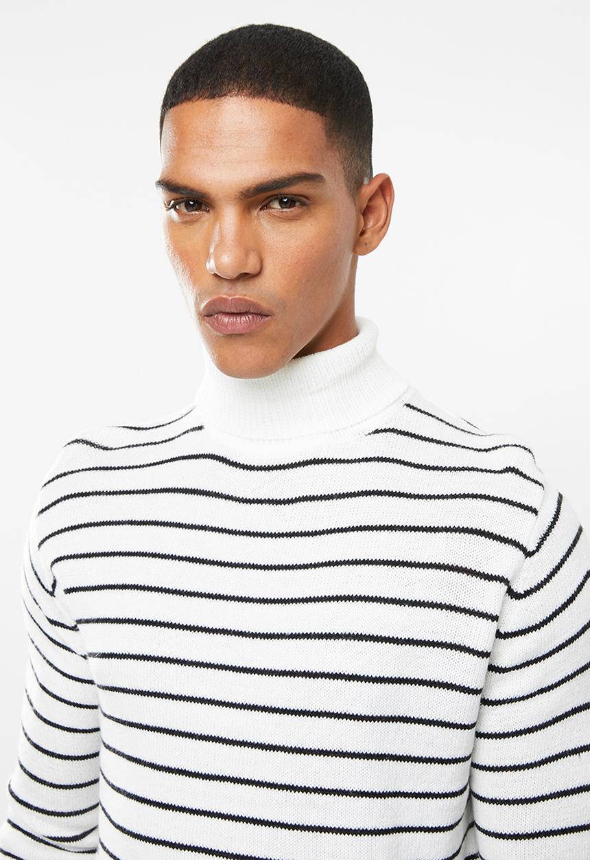 Brave Soul - Striped archfield knitwear high polo neck - white & black