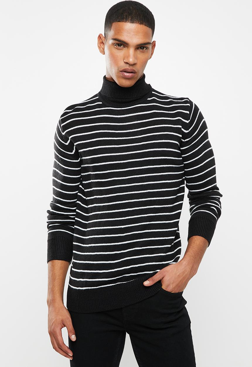 Brave Soul - Striped archfield knitwear high polo neck - black & white