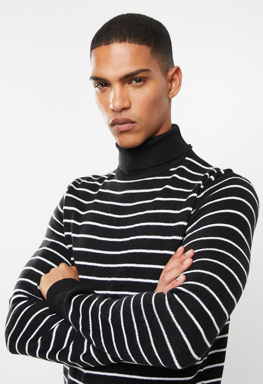 Brave Soul - Striped archfield knitwear high polo neck - black & white