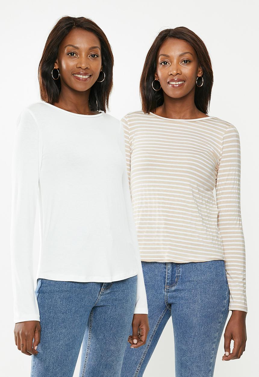 edit - Wide neck long sleeve 2 pack - beige & white