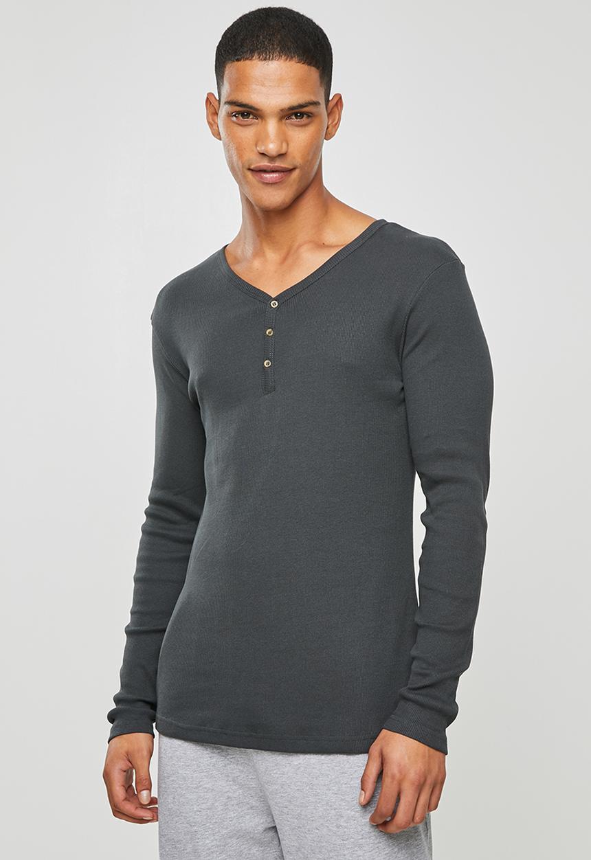 Superbalist - Premium ribbed henley sleep top - grey