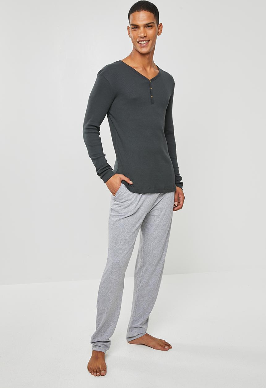 Superbalist - Premium ribbed henley sleep top - grey
