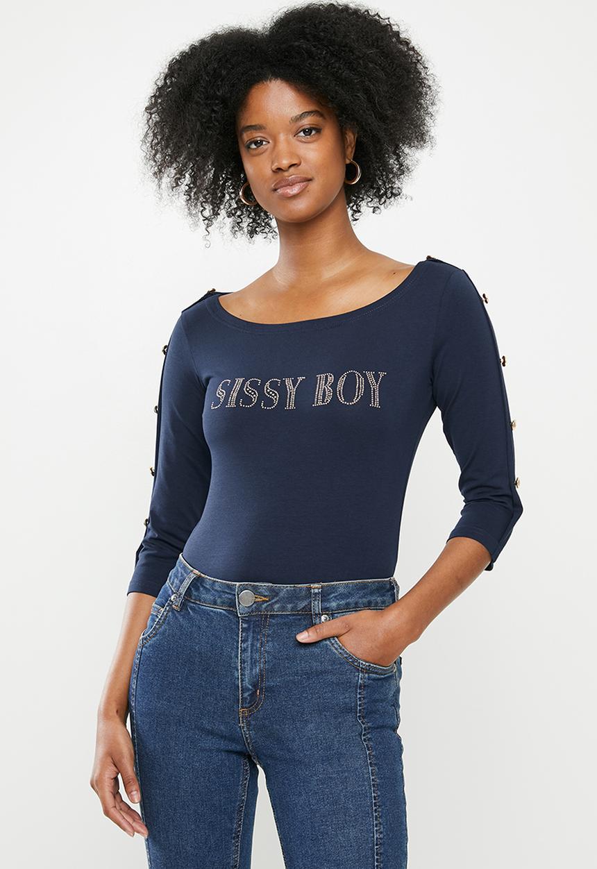 SISSY BOY - Boat neck logo tee with button detailing - navy