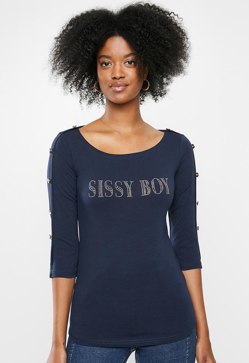 SISSY BOY - Boat neck logo tee with button detailing - navy