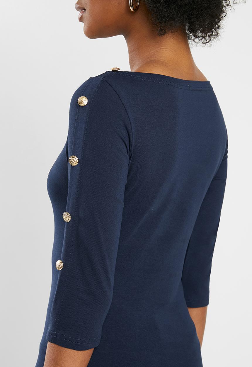 SISSY BOY - Boat neck logo tee with button detailing - navy