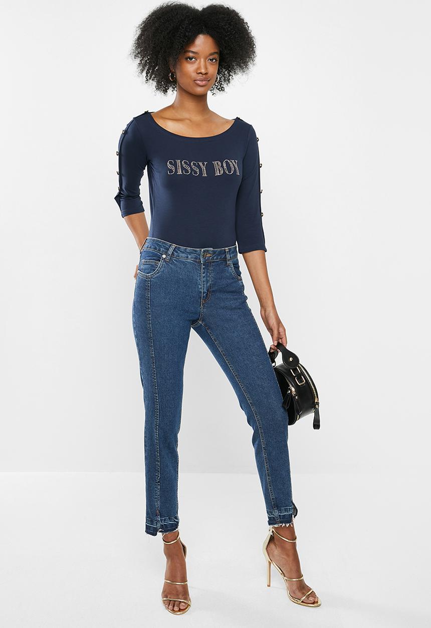SISSY BOY - Boat neck logo tee with button detailing - navy