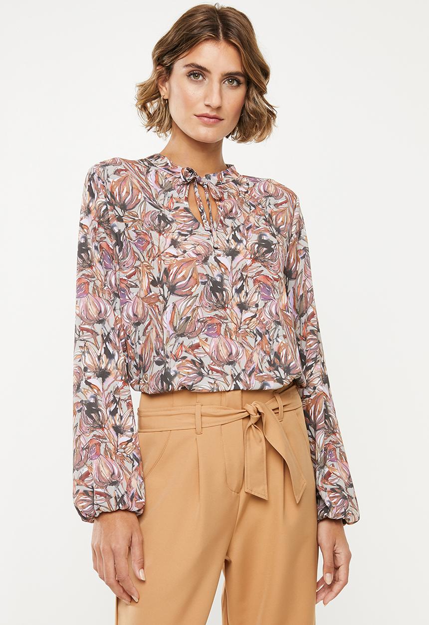 edit - Long sleeve neck tie shell blouse - multi 