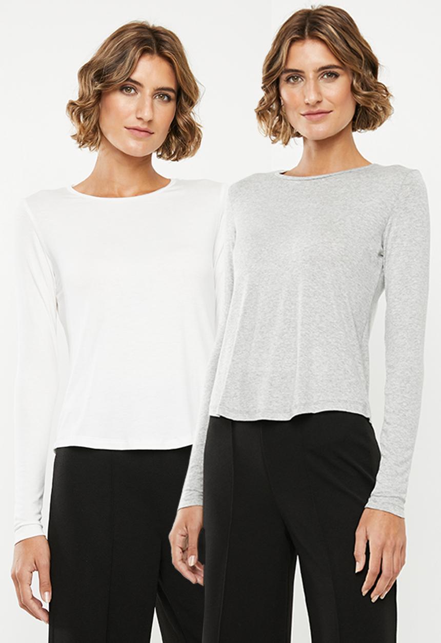 edit - 2pck long sleeve scoop neck tee - white & grey melange