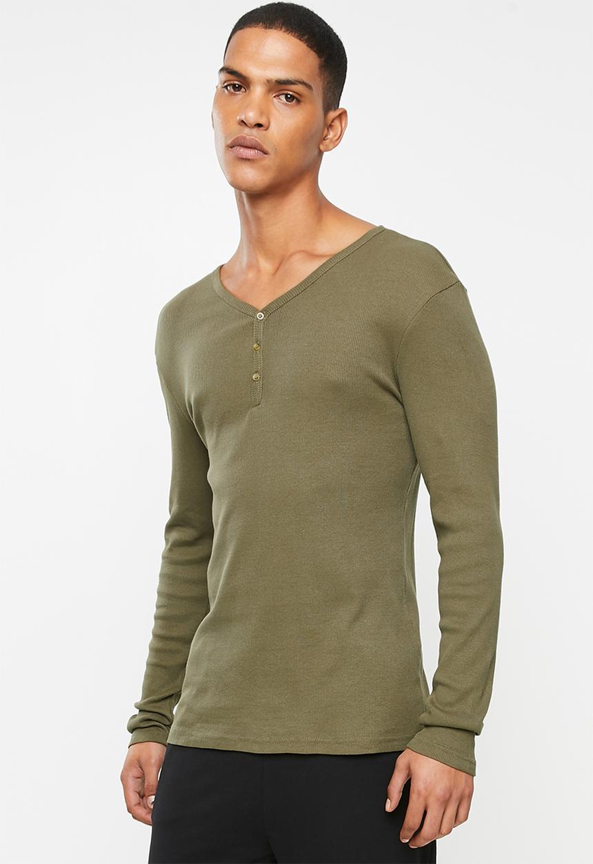 Superbalist - Premium ribbed henley sleep top - khaki