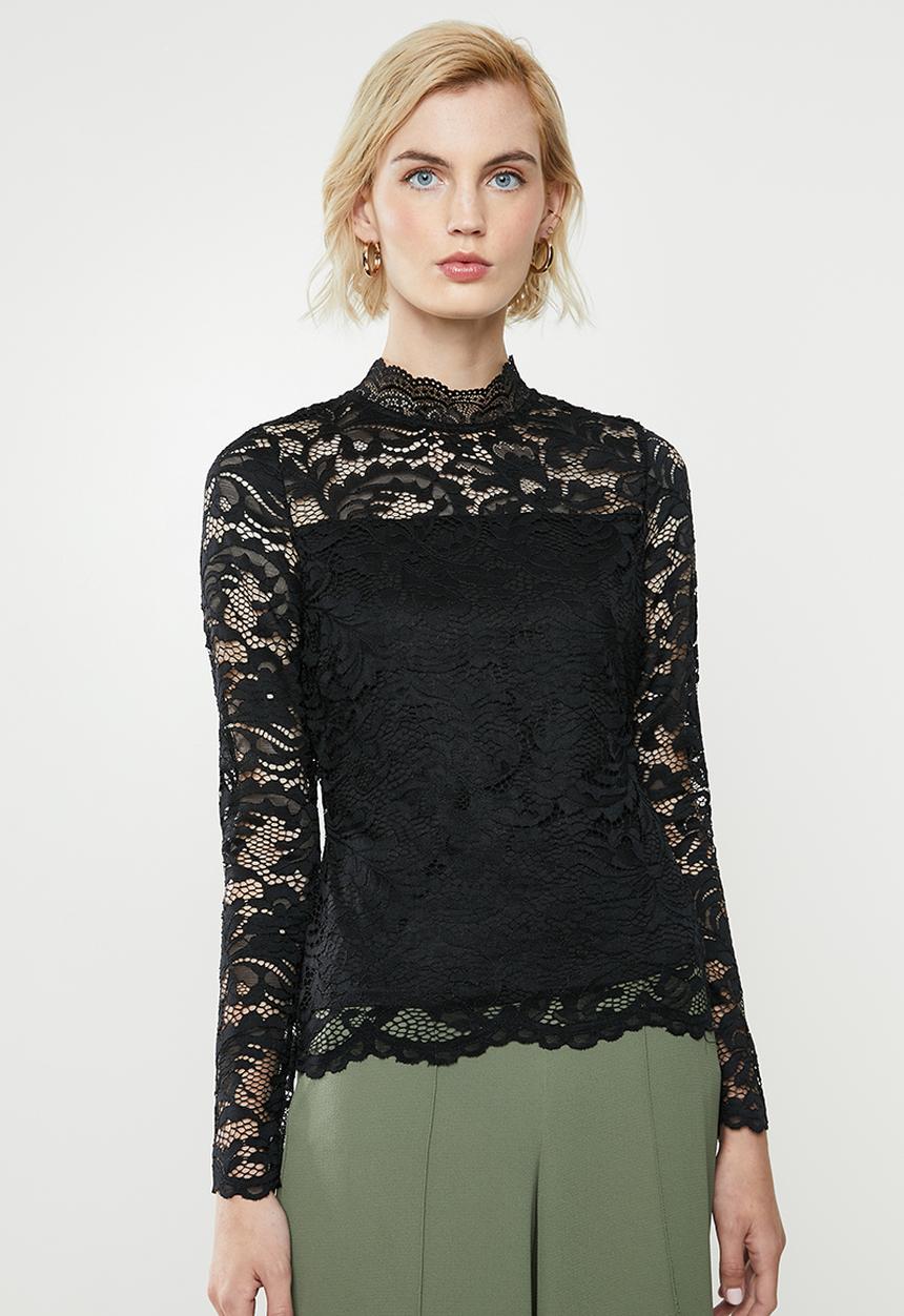 Vero Moda - Dora lace ls highneck top - black