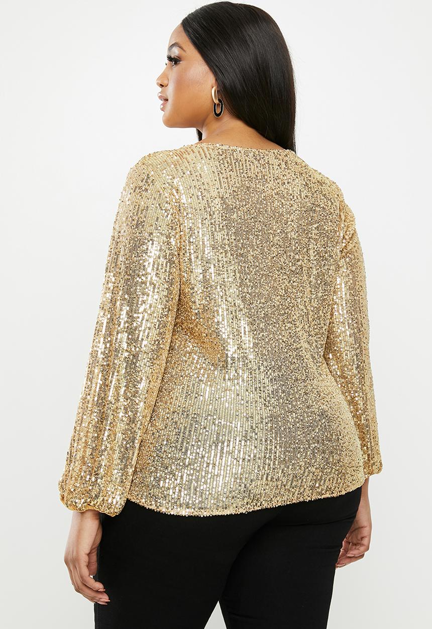 MILLA - Sequin round neck blouse with balloon sleeve - gold
