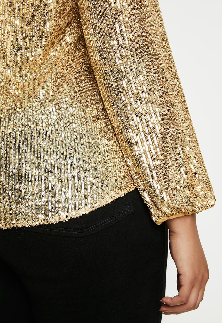MILLA - Sequin round neck blouse with balloon sleeve - gold