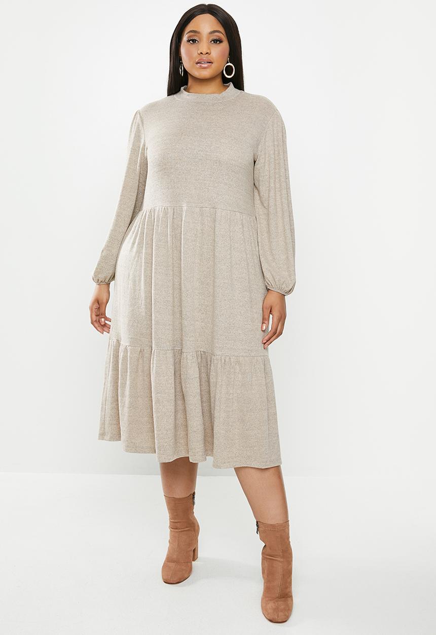 MILLA - Cut & sew tiered midi balloon sleeve dress - beige