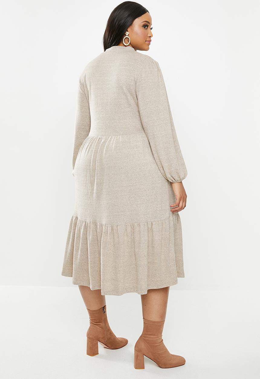 MILLA - Cut & sew tiered midi balloon sleeve dress - beige