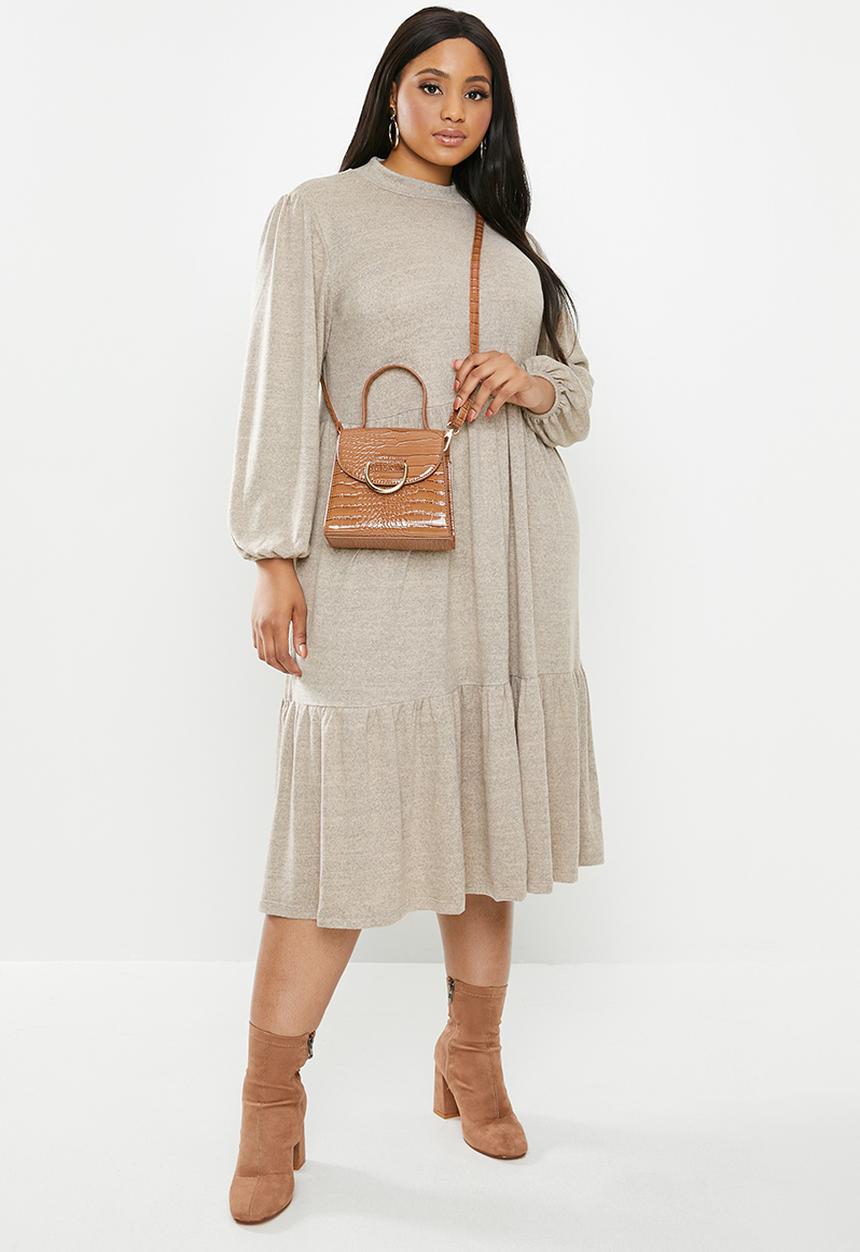 MILLA - Cut & sew tiered midi balloon sleeve dress - beige