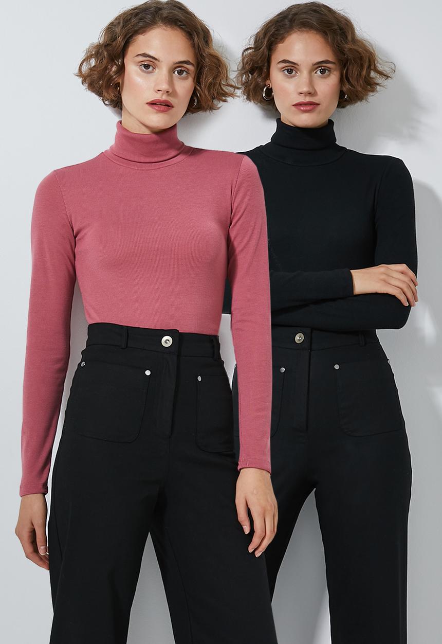 Superbalist - 2 Pack stretch rib poloneck tees - black & pink