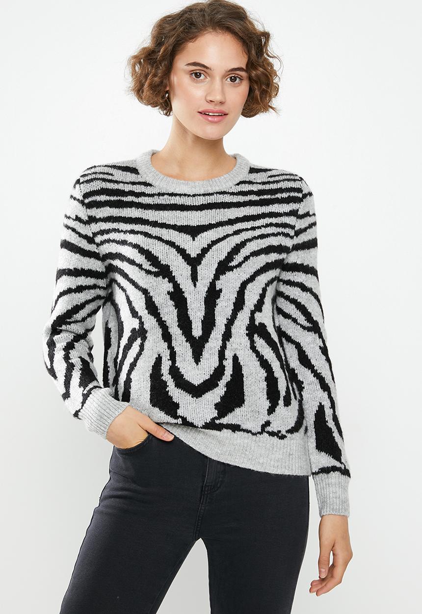 Jacqueline de Yong - Alicia long sleeve jaquard pullover - grey & black 