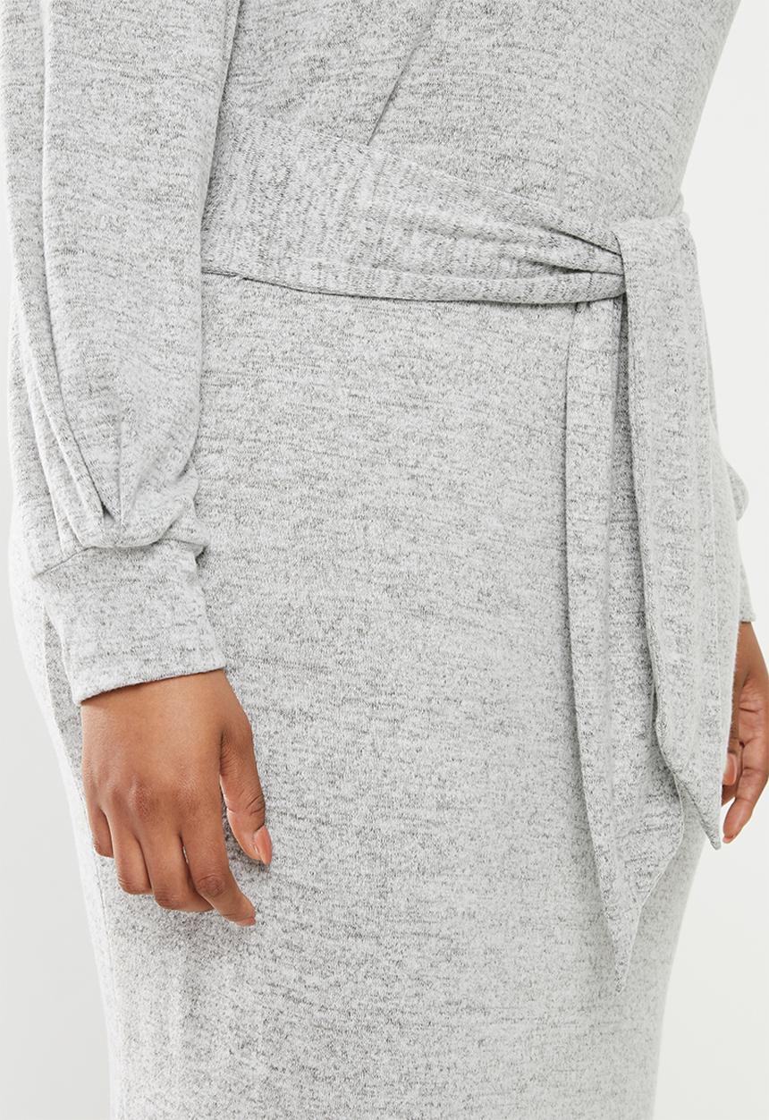 MILLA - Brushed cut & sew midi dress with front tie - grey 