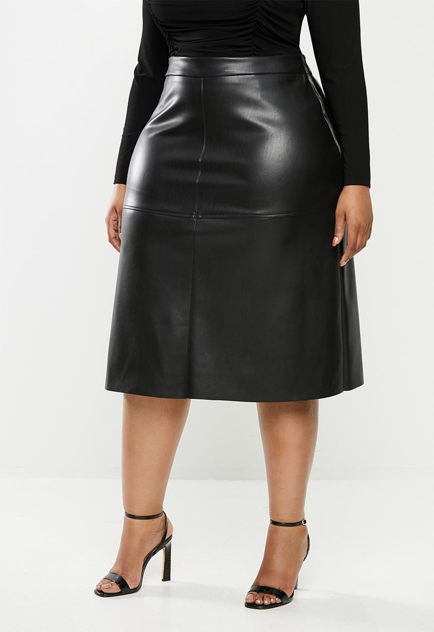 MILLA - Heavy pu a-line midi skirt with panels - black