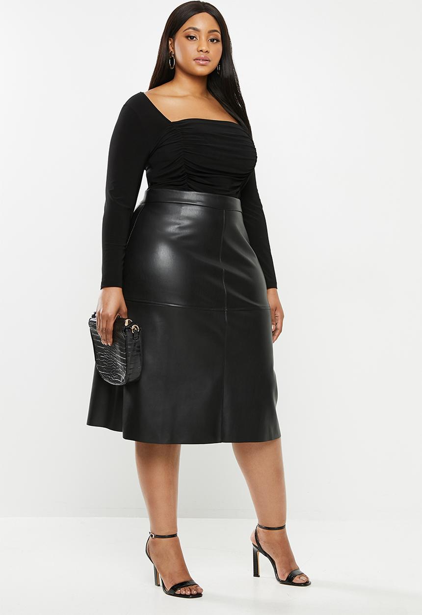 MILLA - Heavy pu a-line midi skirt with panels - black