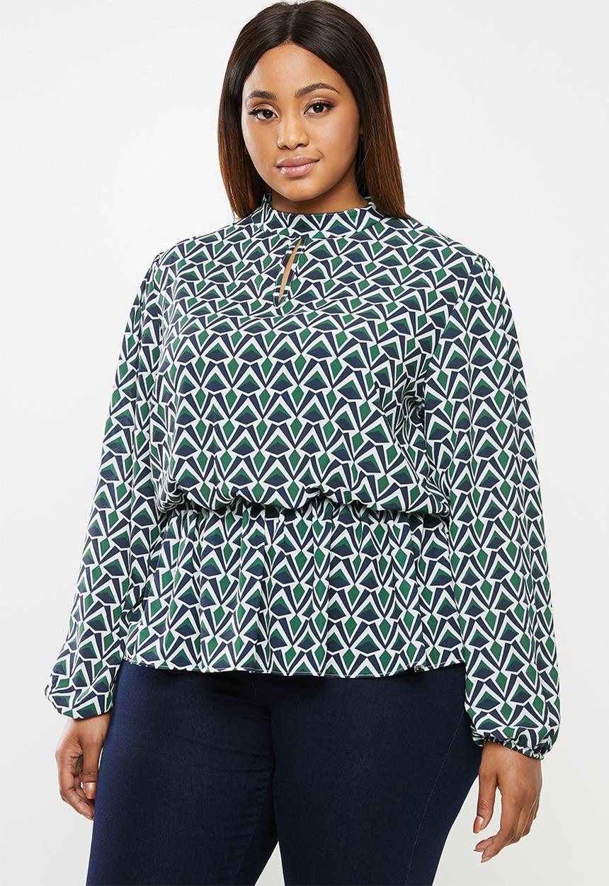 edit Plus - Dobby waisted keyhole blouse - geo print