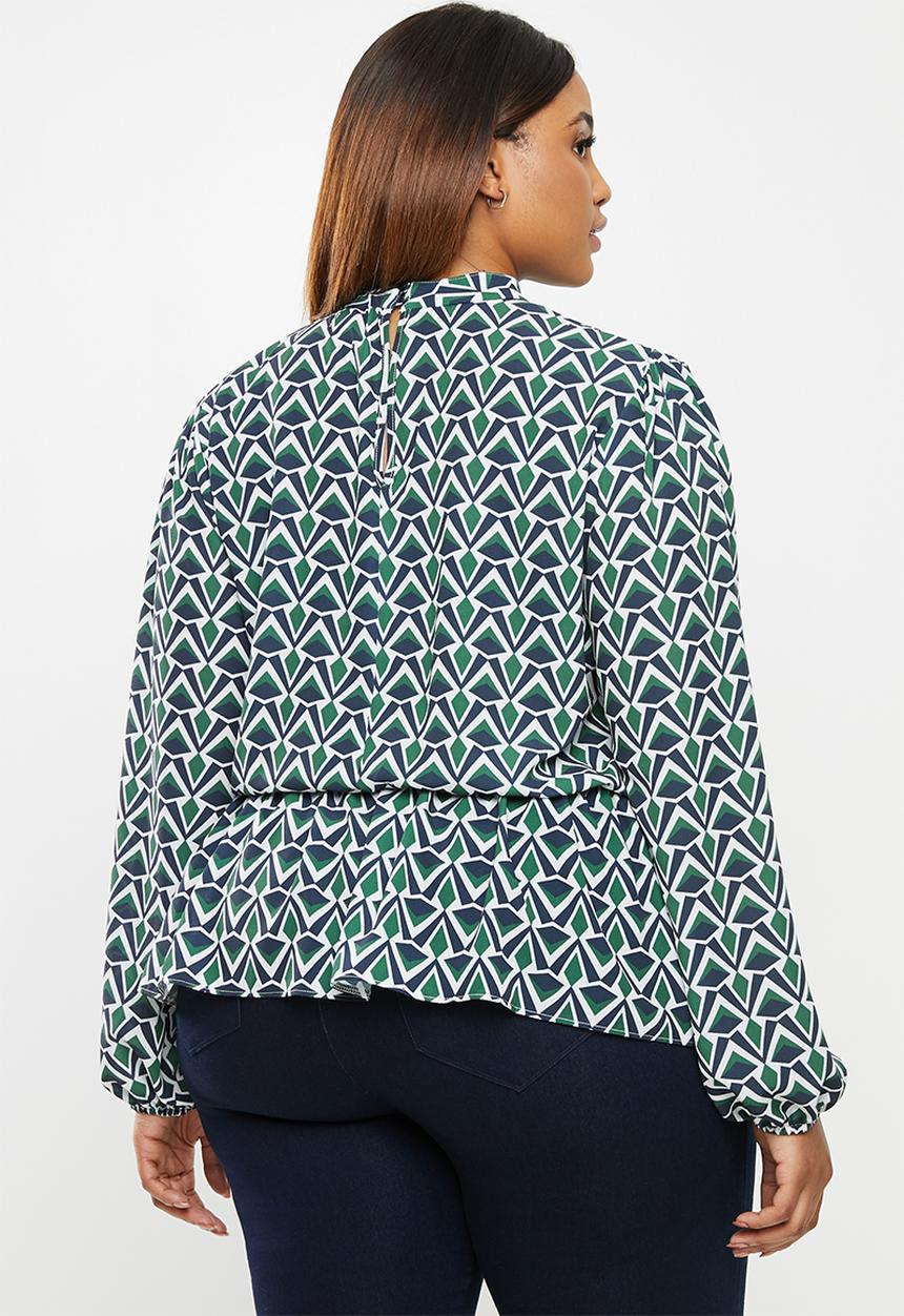 edit Plus - Dobby waisted keyhole blouse - geo print