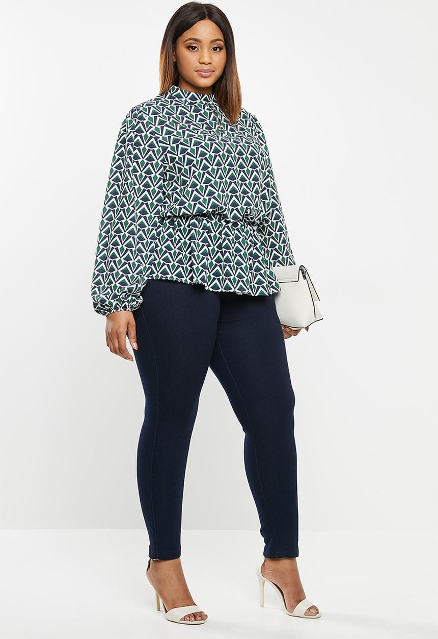 edit Plus - Dobby waisted keyhole blouse - geo print