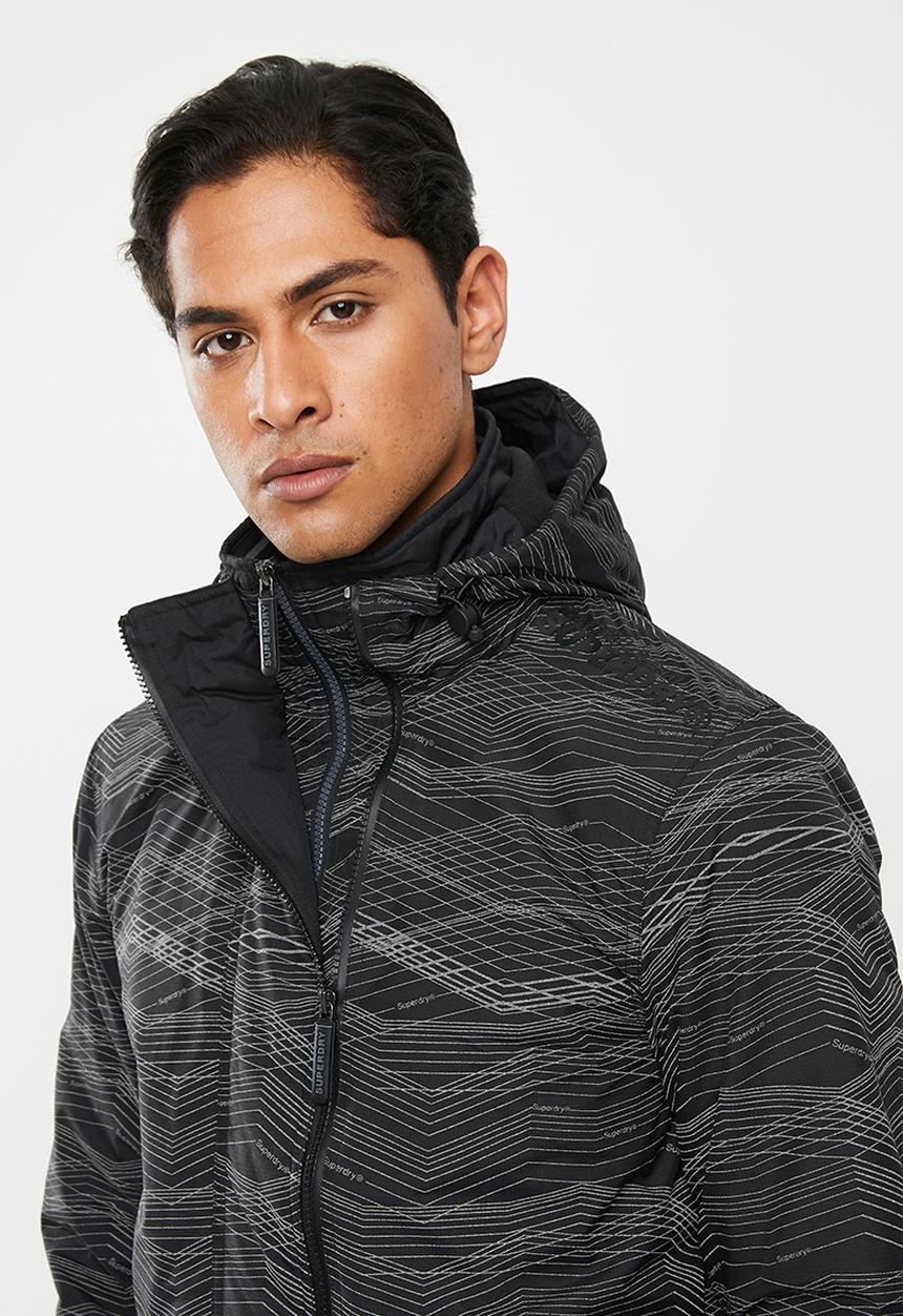 Superdry. - Hooded artic print pop zip windcheater - black & grey
