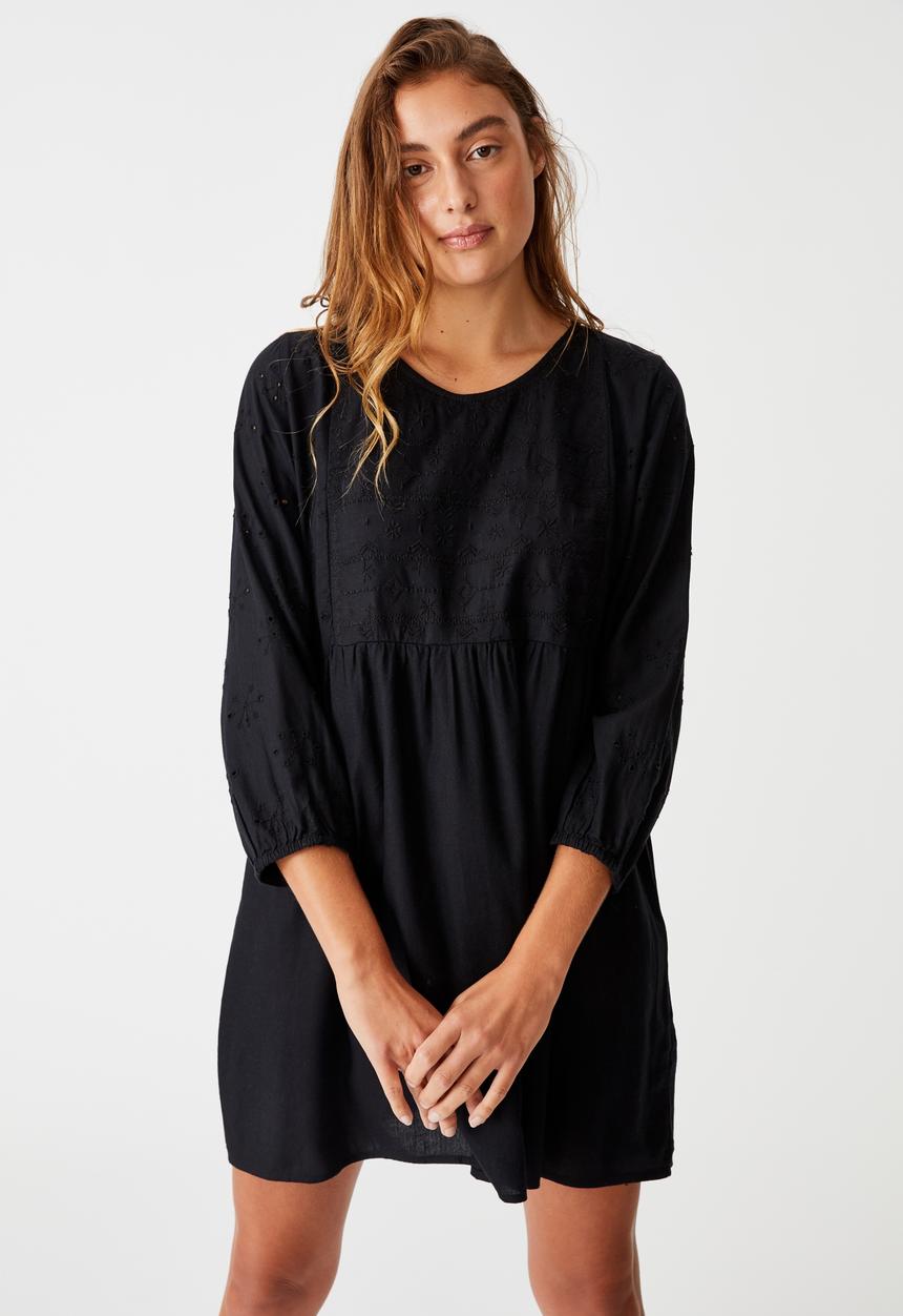 Cotton On - Woven Bethany broiderie babydoll mini dress - black