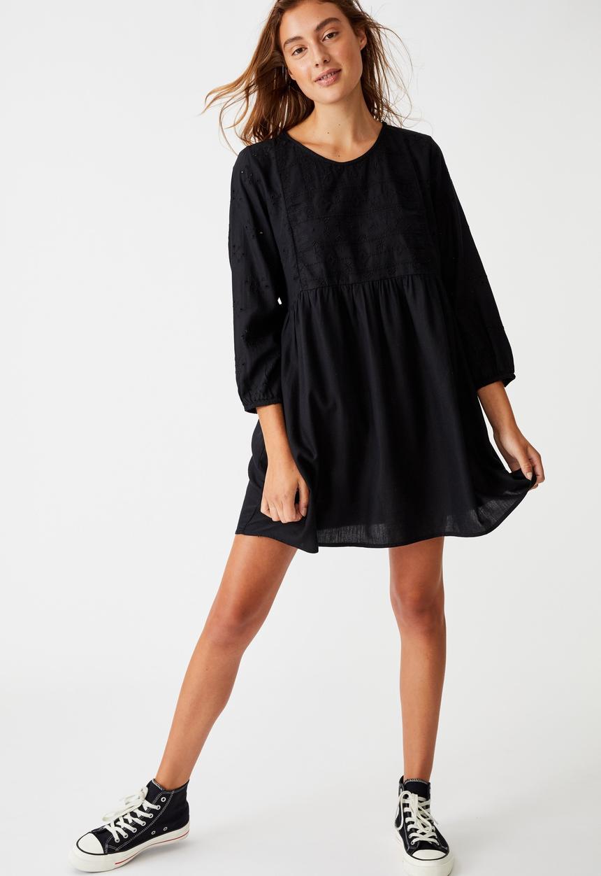 Cotton On - Woven Bethany broiderie babydoll mini dress - black