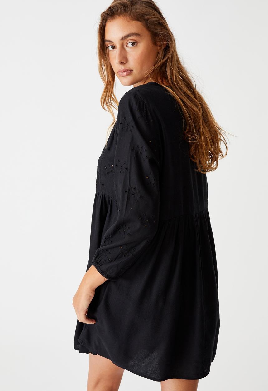 Cotton On - Woven Bethany broiderie babydoll mini dress - black