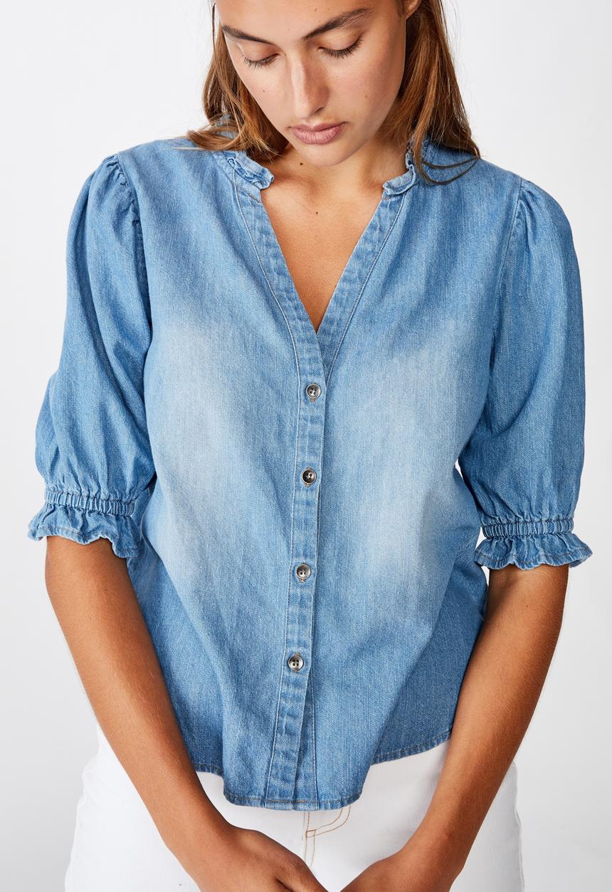 Cotton On - Denim frill blouse - blue