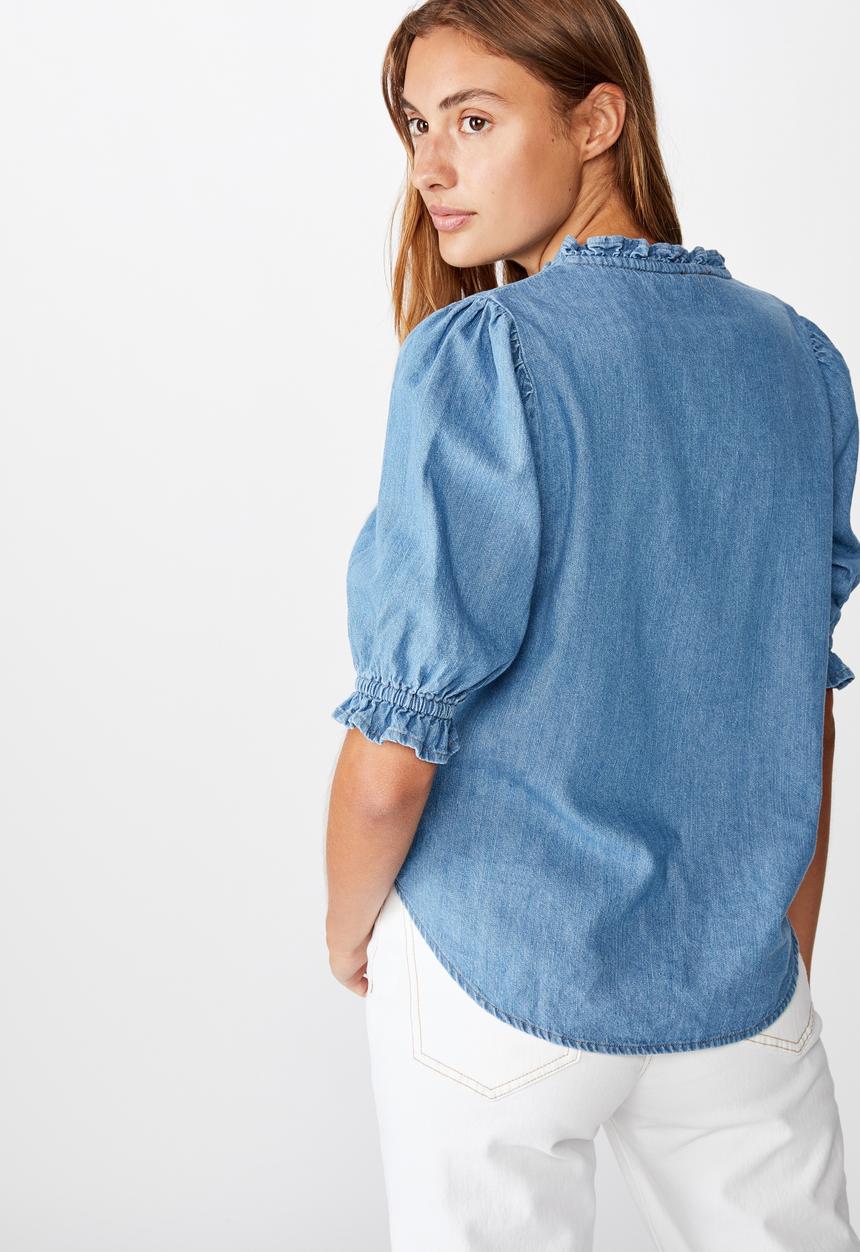 Cotton On - Denim frill blouse - blue