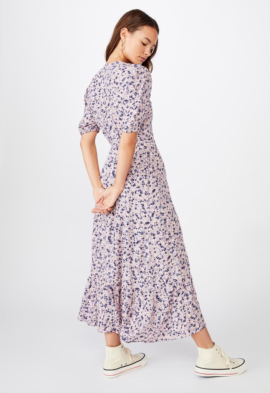 Cotton On - Woven Ri ruffle wrap maxi dress bronte ditsy - purple & blue 
