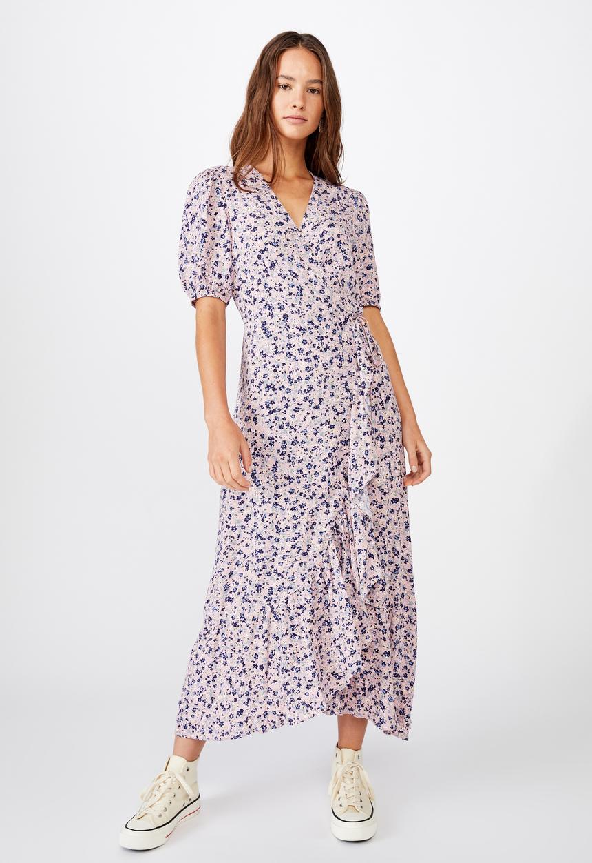 Cotton On - Woven Ri ruffle wrap maxi dress bronte ditsy - purple & blue 