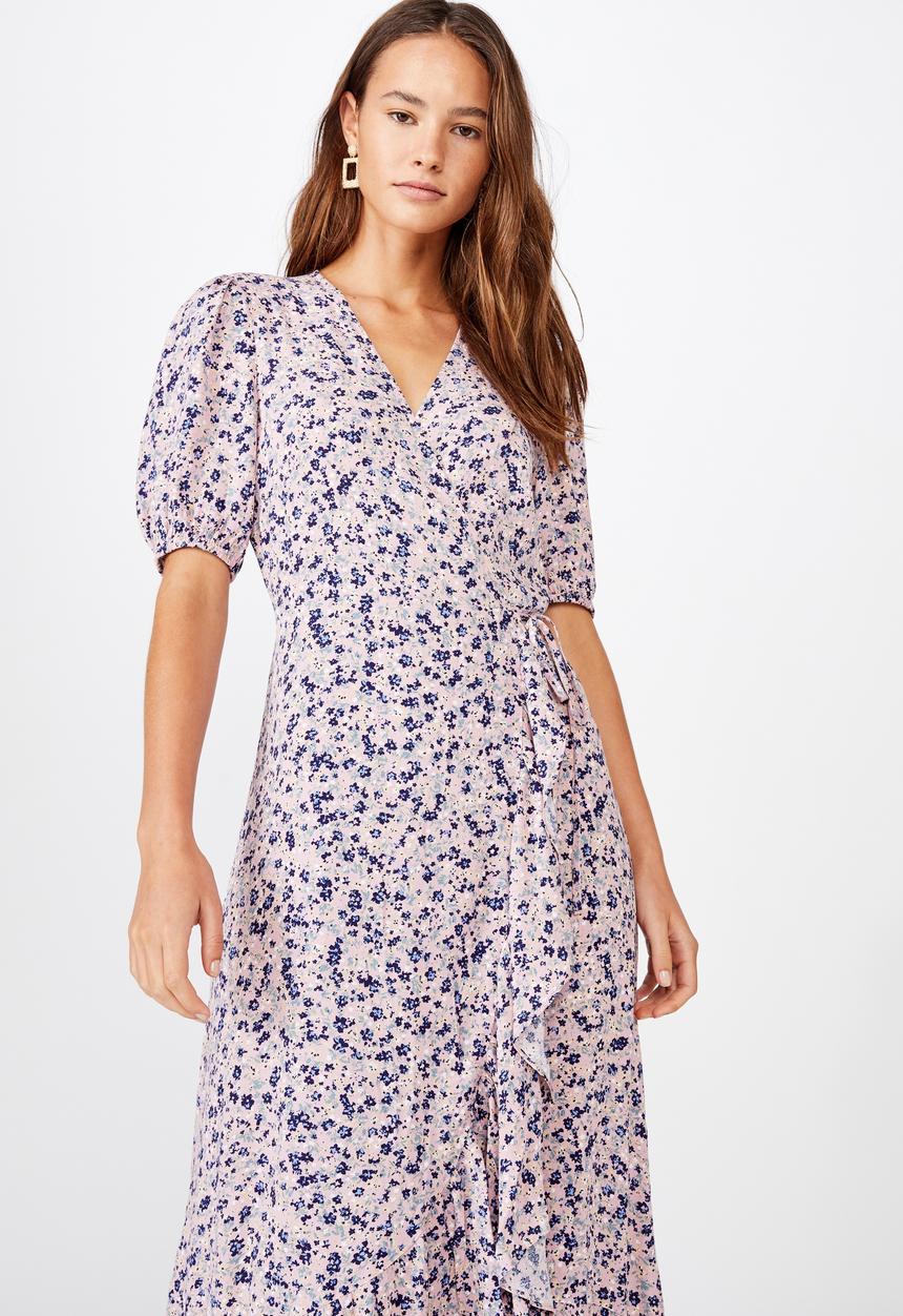 Cotton On - Woven Ri ruffle wrap maxi dress bronte ditsy - purple & blue 