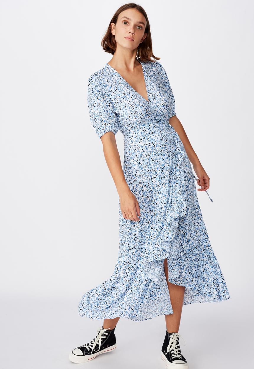 Cotton On - Woven ri ruffle wrap maxi dress bronte ditsy - parisian blue
