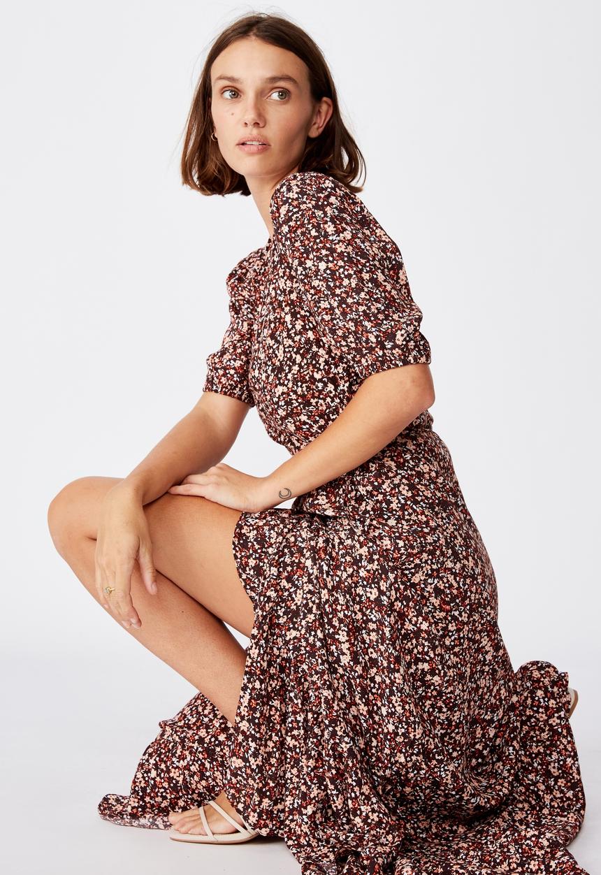 Cotton On - Woven Ri ruffle wrap maxi dress bronte ditsy - canyon sunset