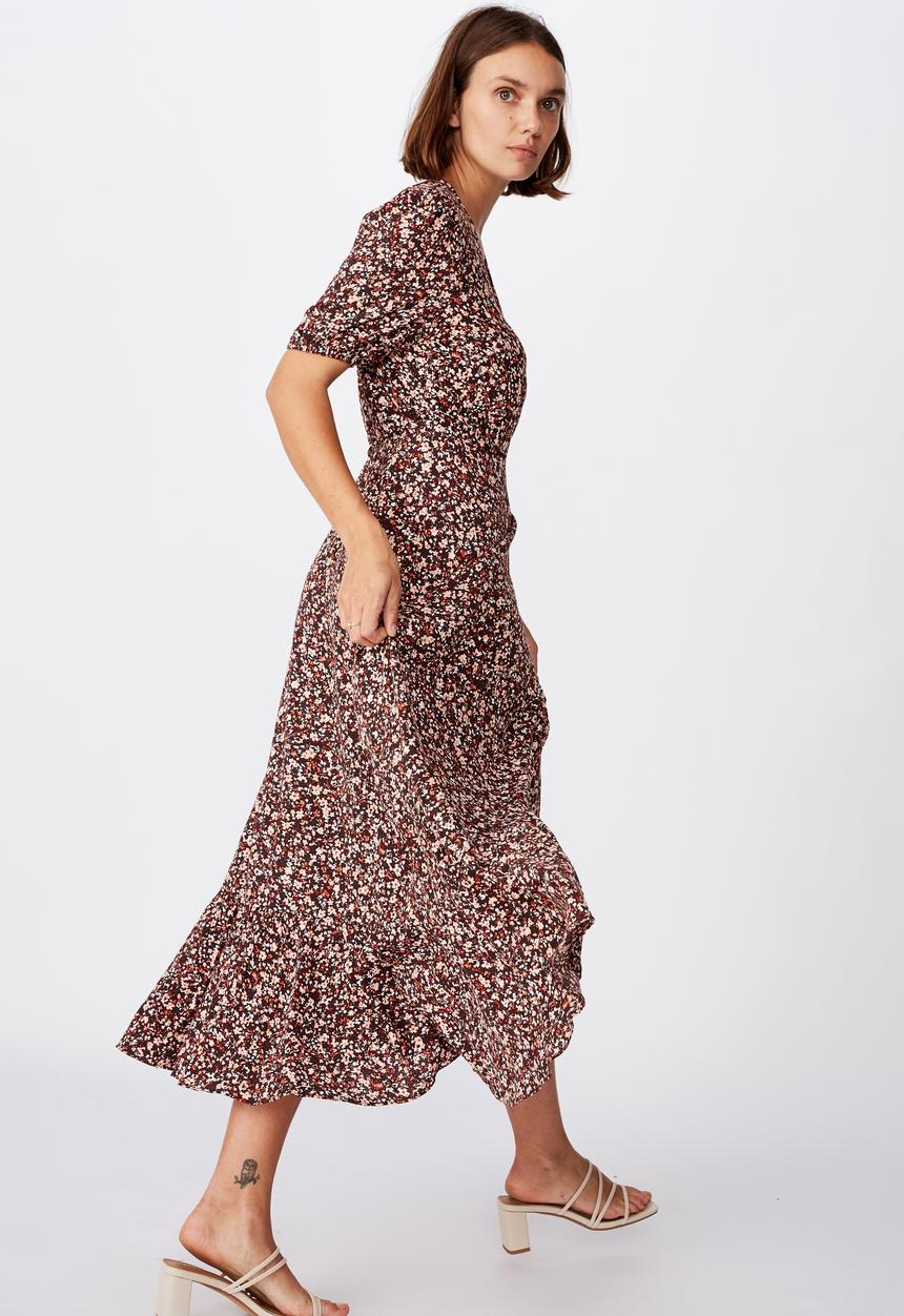 Cotton On - Woven Ri ruffle wrap maxi dress bronte ditsy - canyon sunset