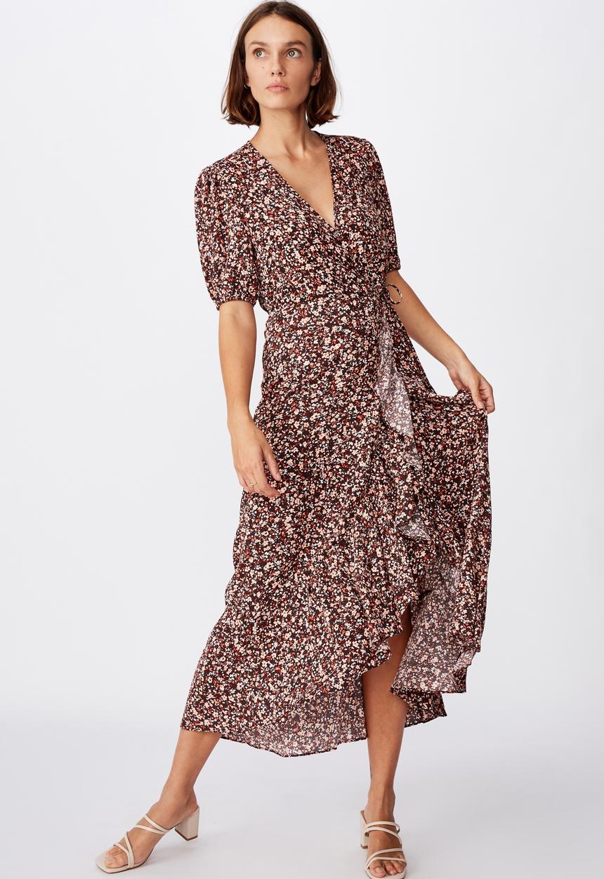 Cotton On - Woven Ri ruffle wrap maxi dress bronte ditsy - canyon sunset